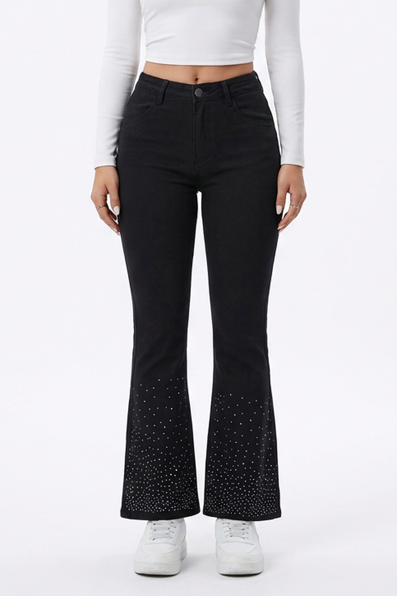 Women's Black Rhinestone Slim Fit Flare Jeans