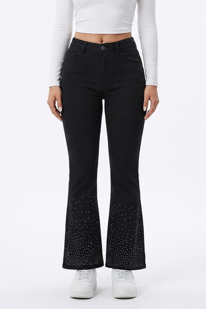 Women's Black Rhinestone Slim Fit Flare Jeans