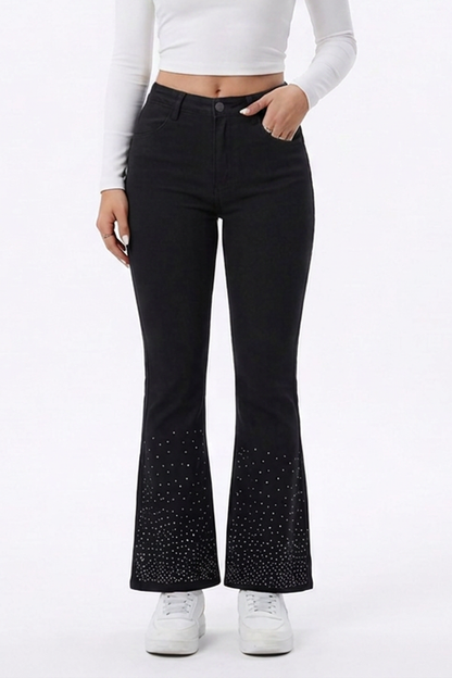 Women's Black Rhinestone Slim Fit Flare Jeans