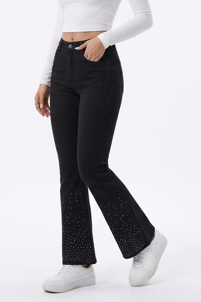 Women's Black Rhinestone Slim Fit Flare Jeans