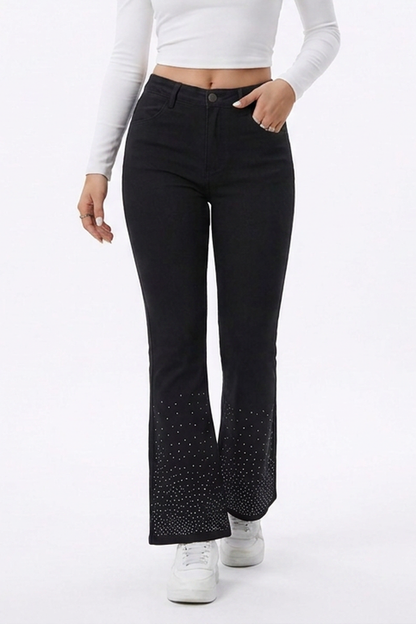 Women's Black Rhinestone Slim Fit Flare Jeans