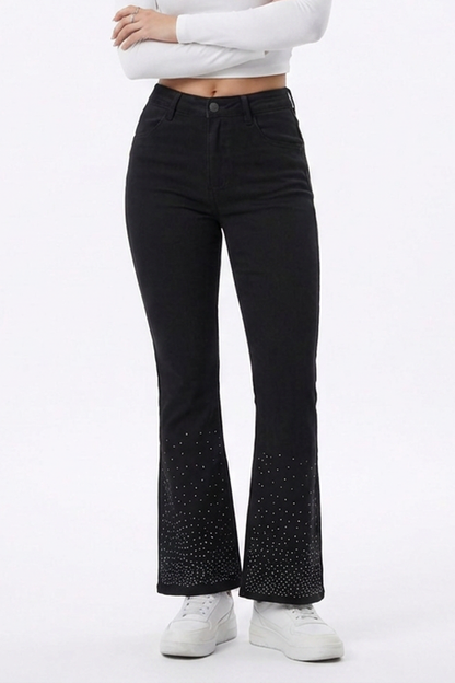 Women's Black Rhinestone Slim Fit Flare Jeans