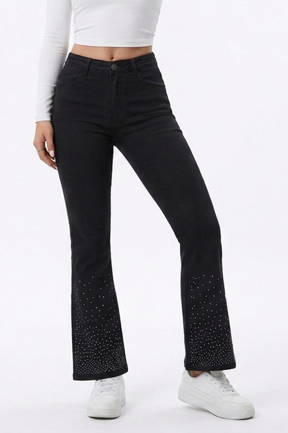 Women's Black Rhinestone Slim Fit Flare Jeans