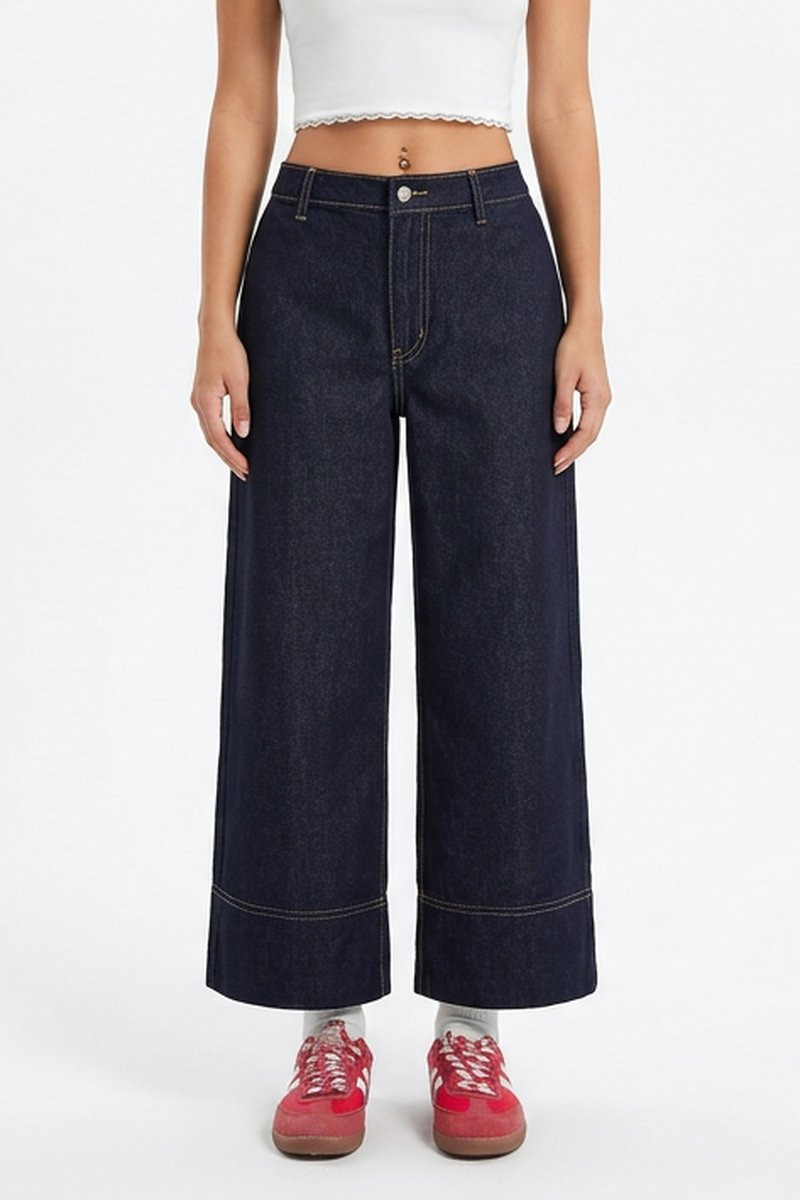 Women's Casual Raw Blue Wide-Leg Jeans
