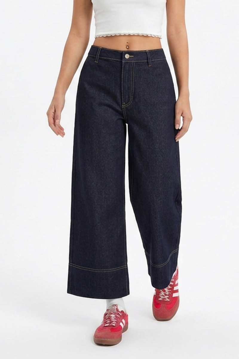 Women's Casual Raw Blue Wide-Leg Jeans