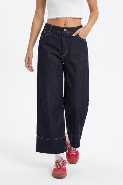 Women's Casual Raw Blue Wide-Leg Jeans