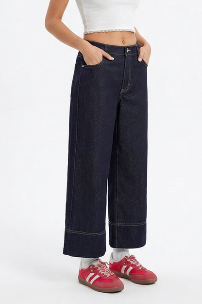 Women's Casual Raw Blue Wide-Leg Jeans