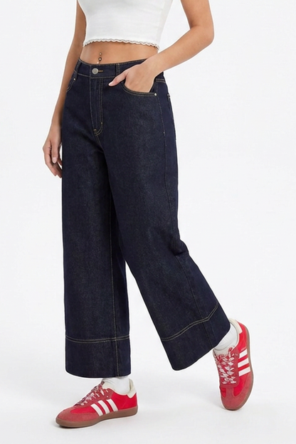Women's Casual Raw Blue Wide-Leg Jeans