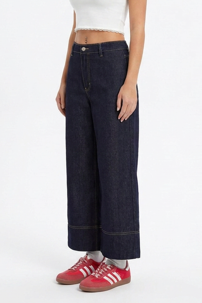 Women's Casual Raw Blue Wide-Leg Jeans