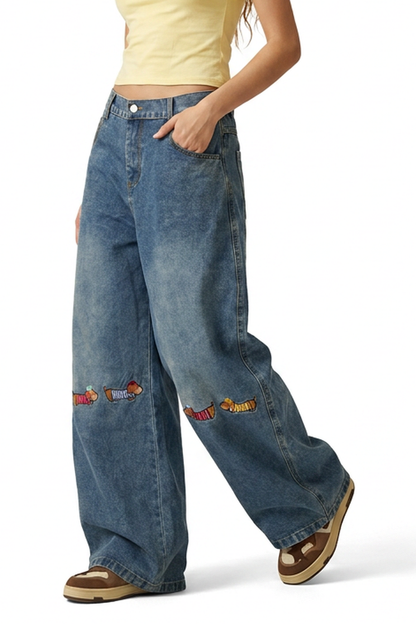 Women's Blue Cartoon Dog Embroidered Oversized Jeans