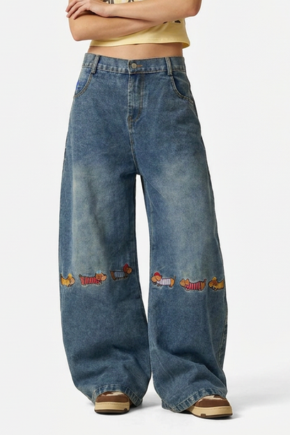 Women's Blue Cartoon Dog Embroidered Oversized Jeans