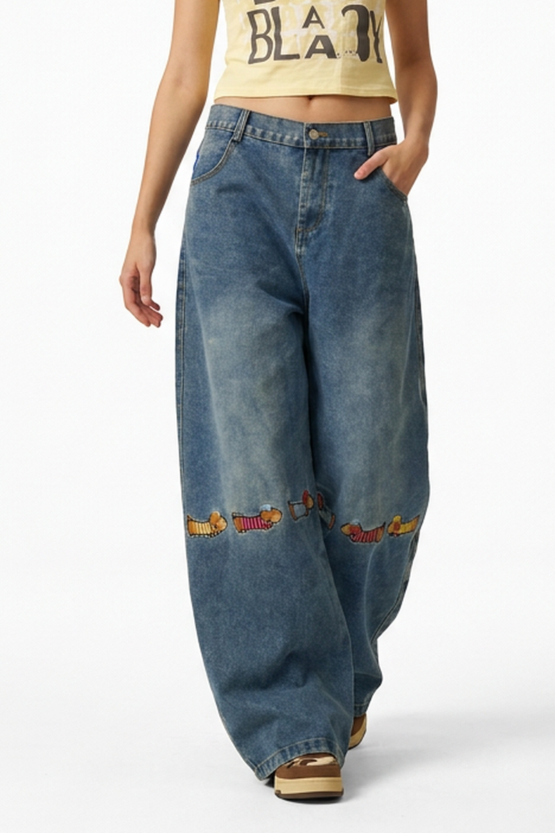 Women's Blue Cartoon Dog Embroidered Oversized Jeans