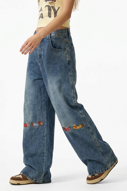 Women's Blue Cartoon Dog Embroidered Oversized Jeans